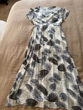 Pink Martini White Maxi Dress with Gray and Sage Palm Leaf Print